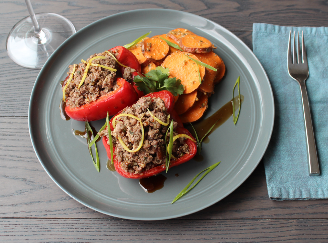 Lamb Sausage Stuffed Bell Peppers by Chefs Stephanie and David