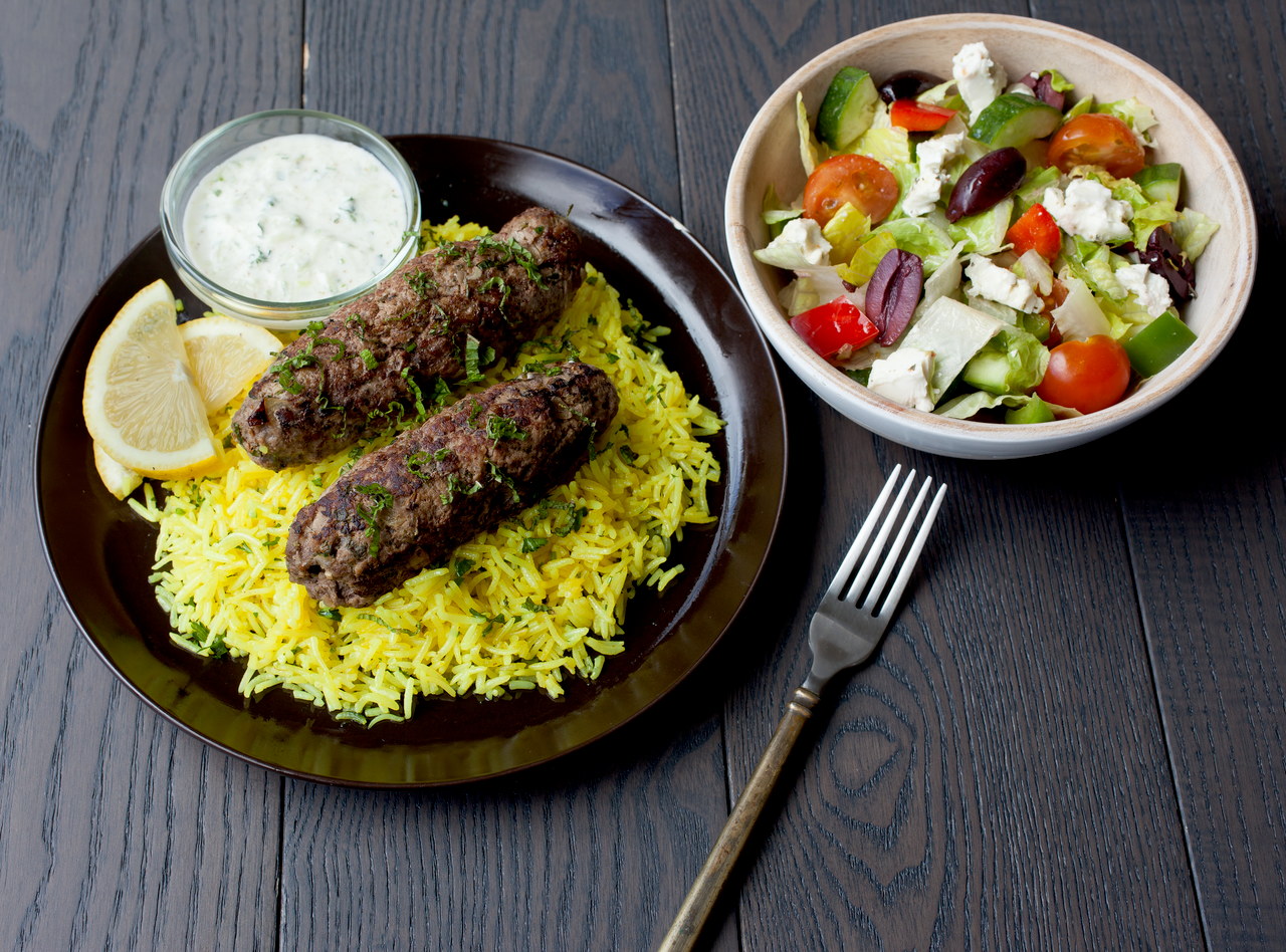 Kafta Kebabs, Yellow Rice and Greek Salad by Chef Guru Sigdel