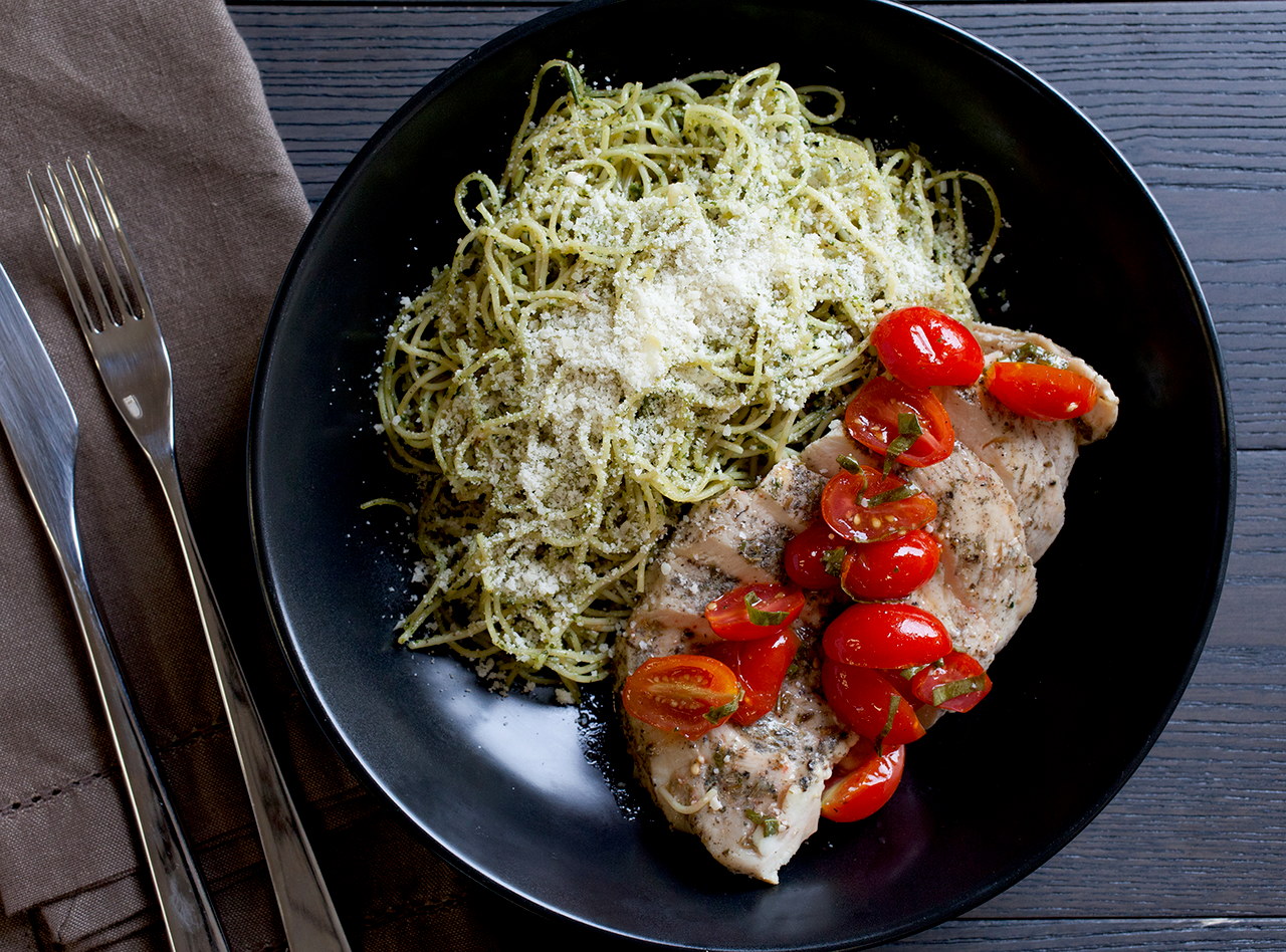 Capellini Pesto Pasta with Braised Chicken by Chef Danny Rousso