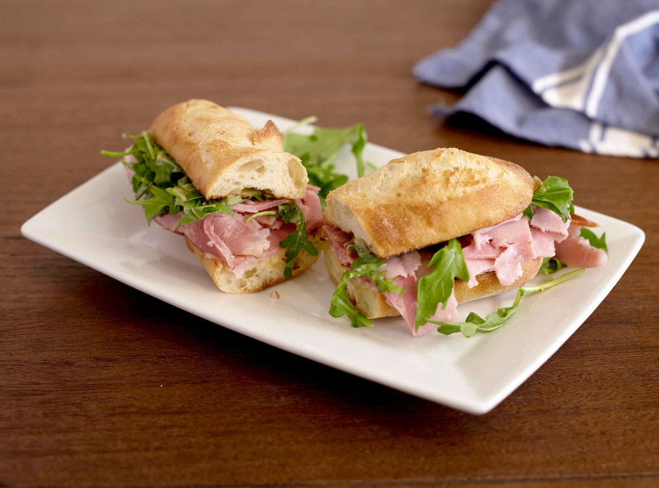 Gluten Free Honey-Cured Ham Baguette Sandwich with Side Salad by Chef Lilly Gjekmarkaj