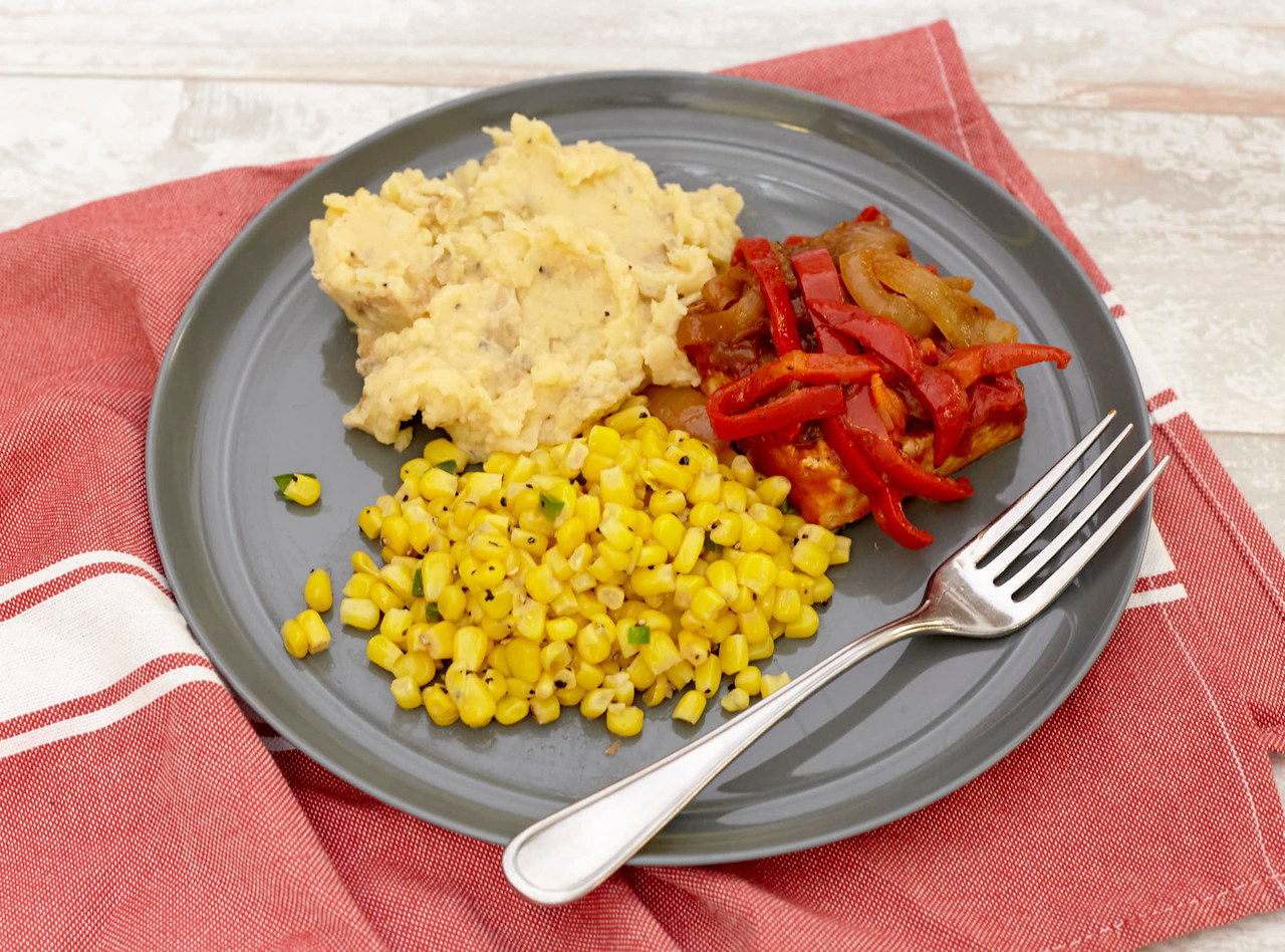 BBQ Tofu and Peppers with Mashed Potatoes and Corn by Chef Katie Cox